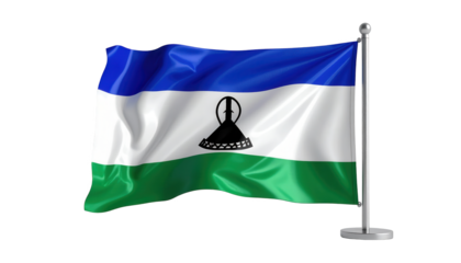 The national flag of a country, featuring a combination of blue, white, and green, elegantly waves on a metal flagpole, captured against a stark black backdrop with subtle lighting, revealing the...