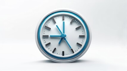 A clean, white-faced clock with blue accents shows time. Hands point towards the quarter past the hour