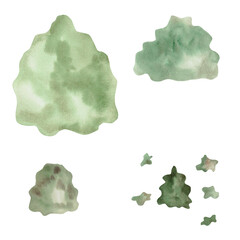 Obraz premium A set of tree and shrub templates. Isolated watercolor illustrations for children's educational materials, printing on postcards, fabric, books, and children's room design.