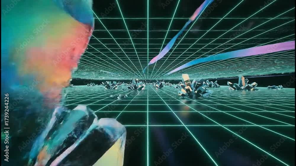 Wall mural futuristic glowing grid tunnel with abstract geometric debris floating, representing data flow or cy