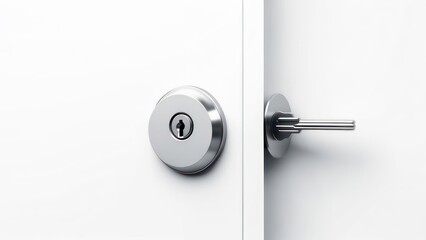 A close-up of a door with a modern, silver-colored lockset and handle. Simple, white background
