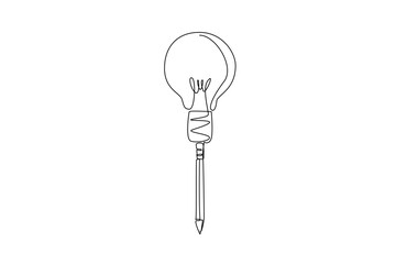 Single one line drawing pencil stand with a light bulb on top. The power of writing is based on strong thinking. Inspiration. National Creativity Day. Continuous line design graphic illustration