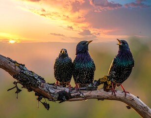 Starlings on branch at sunset