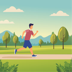 Man running outdoors in nature &mdash; flat vector illustration