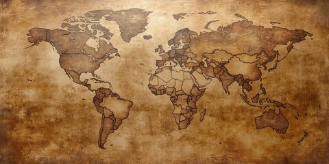 Fototapeta premium Antique World Map on Aged Parchment, Detailed Cartography of Historical Continents and Oceans.