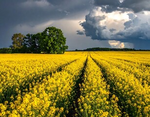 Obraz premium Vibrant yellow rapeseed field under a dramatic sky, capturing nature's beauty