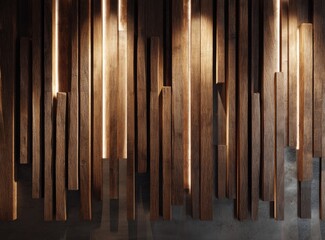 Obraz premium Close-up view of a textured wall comprised of irregularly-sized vertical wooden planks with sunlight gaps