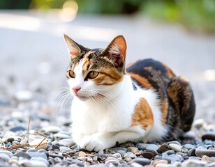 A calico cat rests on pebbles, gazing intently off-camera
