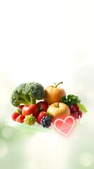 Fresh Health Tech Banner with Floating Fruits and Vegetables in Futuristic Hologram.