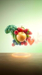 Fresh Health Tech Banner with Floating Fruits and Vegetables in Futuristic Hologram.