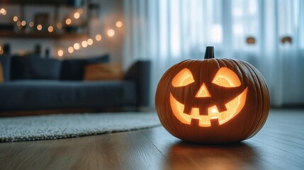 Fototapeta premium Cozy Halloween Jack o Lantern with Warm Glow in Inviting Home Interior, Perfect Seasonal Ambience