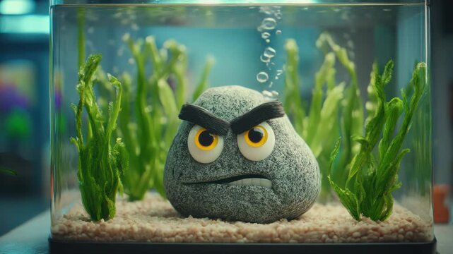 A cartoonish angry rock with eyebrows and eyes sits inside a fish tank, surrounded by green plants