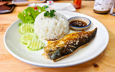 Grilled Fish with Rice: A mouthwatering plate showcases a perfectly grilled piece of fish, glistening with savory glaze and accompanied by a fluffy mound of rice, fresh cucumber slices.