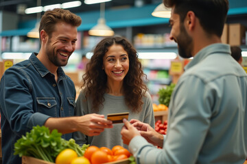 Couple paying with credit card at supermarket checkout. Shoppers using card to pay for groceries. Happy people making cashless payment.