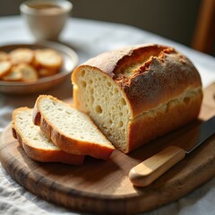 Freshly baked sourdough bread loaf sliced on wooden board. Crusty artisan bread with visible texture. Food photography meal concept for breakfast or snack.