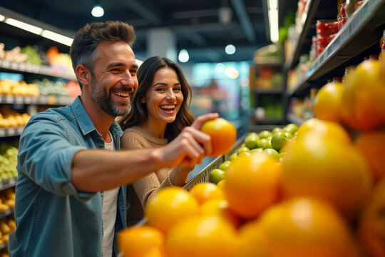 Happy couple choosing fruits. Grocery shopping lifestyle. Smiling people in store. Fresh produce selection. - Powered by Adobe