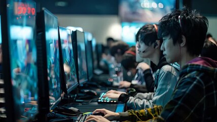 Group of Gamers Competing in a Multiplayer eSports Tournament Event