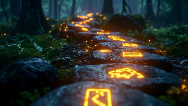 Glowing Rune Stones Path Through Dark Enchanted Forest, Fantasy Adventure