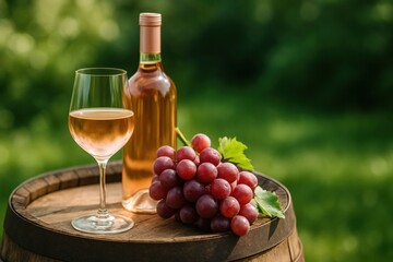 Elegant rose wine and fresh grapes artfully arranged on a rustic wooden barrel, inviting outdoor summer relaxation and vineyard enjoyment