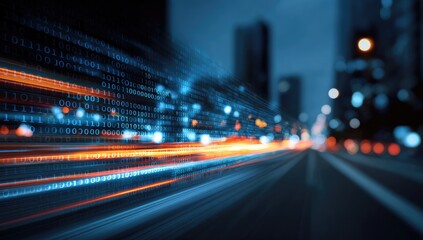 Obraz premium Abstract cityscape with motion blur, binary code overlay, and blurred lights creating a dynamic sense