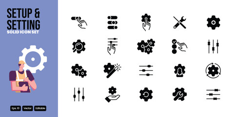 setup and setting solid icon set vector design good for web and mobile app