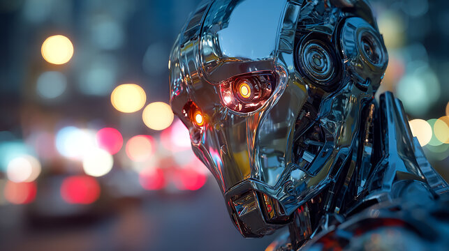 Futuristic chrome robot head with detailed metallic texture, city lights vividly reflecting in glowing eyes, high-resolution, sci-fi technology concept