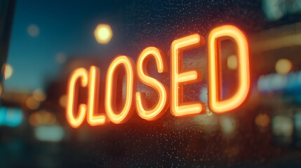Glowing neon Closed sign on a dark city street at night.