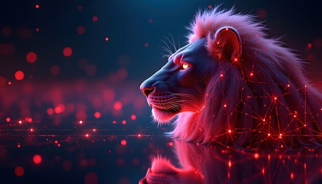 Cyber Wireframe Lion Illuminated In Neon Grid Matrix Environment - Powered by Adobe