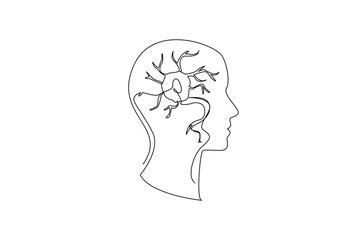 Single continuous line drawing silhouette of head with multiple sclerosis nerve in the middle. Chronic diseases affect the brain. World Multiple Sclerosis Day. One line design vector illustration
