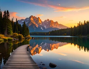 Stunning sunset over mountains reflected in a tranquil lake with a wooden dock