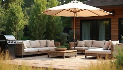Obraz premium Modern outdoor living space with grill. Comfortable seating arrangement under patio umbrella on wooden deck. Perfect for summer relaxation. Elegant backyard furniture. Ideal for gatherings, barbecue.