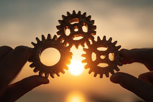 Silhouette hands holding three interlocking gears in front of a sunset, symbolizing collaboration