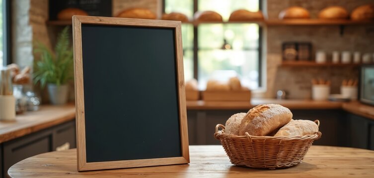 Blank blackboard on wooden table in bakery shop with bread basket. Mockup for business messages specials or menus in cozy cafe. Rustic background for your text.