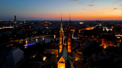 old European city city center view from above evening night illumination Wroclaw Poland