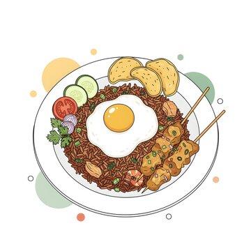 fried rice with egg and satay on plate clip art preview