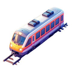 Modern passenger train illustration rendered with soft lighting and bold colors, featuring orange, white, and purple accents on a black backdrop.