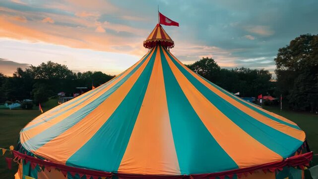 Colorful Circus Tent Against a Dramatic Sunset Sky in Nature