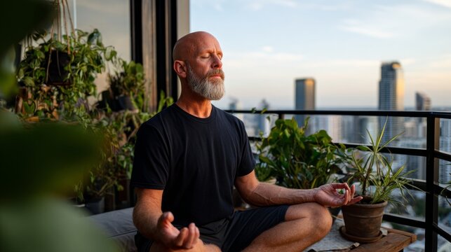 Man meditating on rooftop patio at sunset.