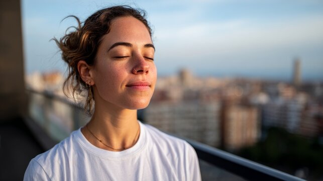 Woman meditating on balcony at sunset.