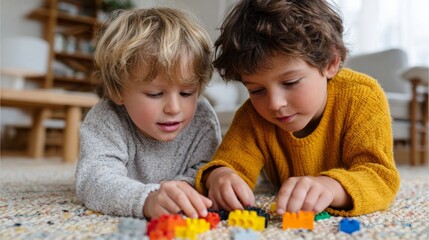 Two children playing with lego blocks.