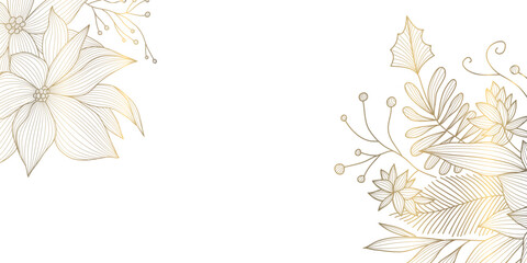 Elegant winter floral Christmas vector background, golden branches, holly, and patterns, modern luxury style. Cards, wedding invitations, lunar holiday greetings, corner decoration.