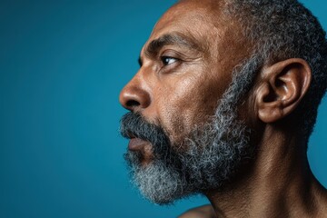 Human Side-View. Serious African American Man Portrait in Profile Over Blue Studio Background