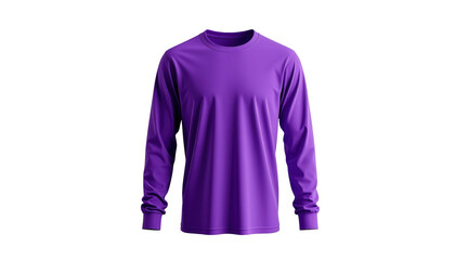 Rendered image showcases a long-sleeved garment, presented on a dark backdrop. The attire features a vibrant, saturated purple hue.