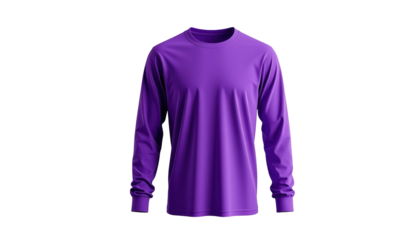 Rendered image showcases a long-sleeved garment, presented on a dark backdrop. The attire features a vibrant, saturated purple hue.