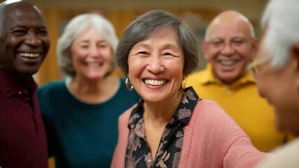 A joyful group of older adults shares laughter and smiles together, showcasing the importance of friendship and social connections in senior life and well-being.