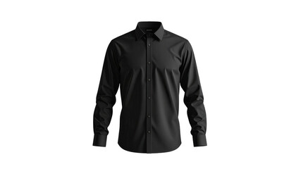 A sleek black dress shirt is presented against a dark background, highlighting its tailored fit and the subtle details of the fabric, with the collar and cuffs visible, emphasizing its formal and...
