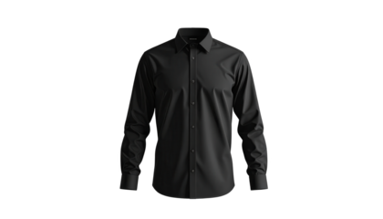 A sleek black dress shirt is presented against a dark background, highlighting its tailored fit and the subtle details of the fabric, with the collar and cuffs visible, emphasizing its formal and...