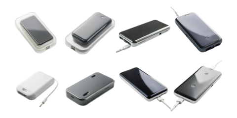 Various Smartphone Power Banks and Chargers on White Background, PNG collection, set bundle, isolate on transparent or white background