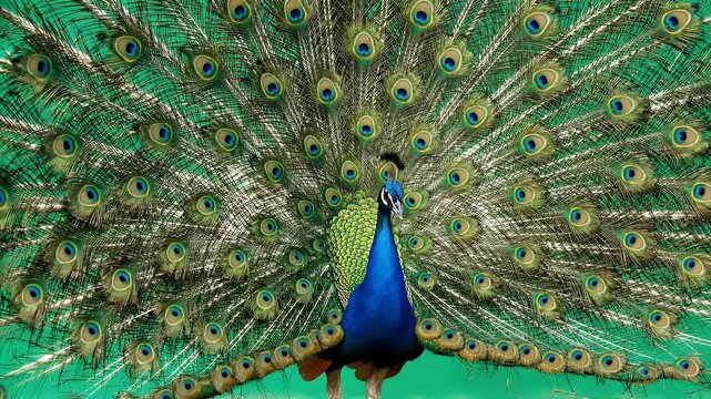 Majestic Peacock Displaying Vibrant Plumage in Full Bloom - A Stunning Nature Spectacle
