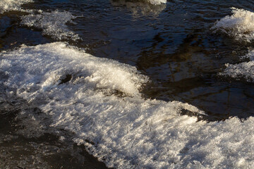 Shimmering ice patterns on flowing water in a tranquil winter setting during late afternoon light